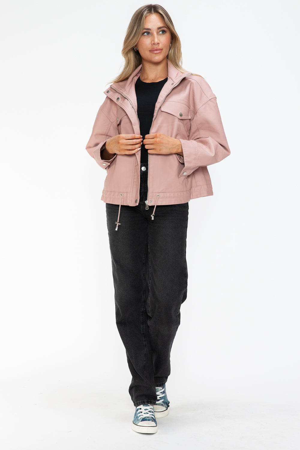 How Dare U Drawstring Hem PU Leather Zip Up Jacket - Teresa's Fashionista LLC