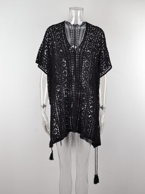 Cutout V-Neck Cover-Up with Tassel-Teresa's Fashionista LLC
