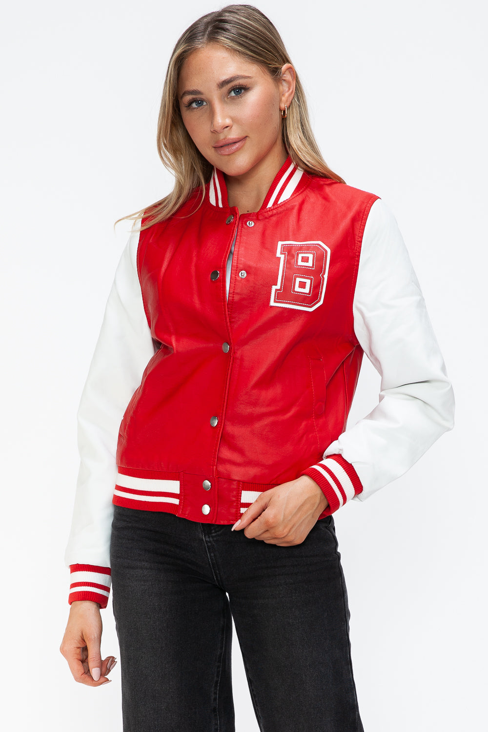 Love Me Now PU Leather Contrast Snap Down Bomber Jacket - Teresa's Fashionista LLC