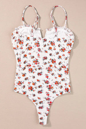 Floral frilled trim spaghetti straps bodysuit with delicate floral pattern.