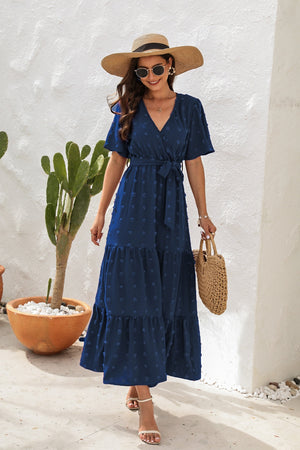 Swiss Dot Tied Surplice Short Sleeve Dress-Teresa's Fashionista LLC