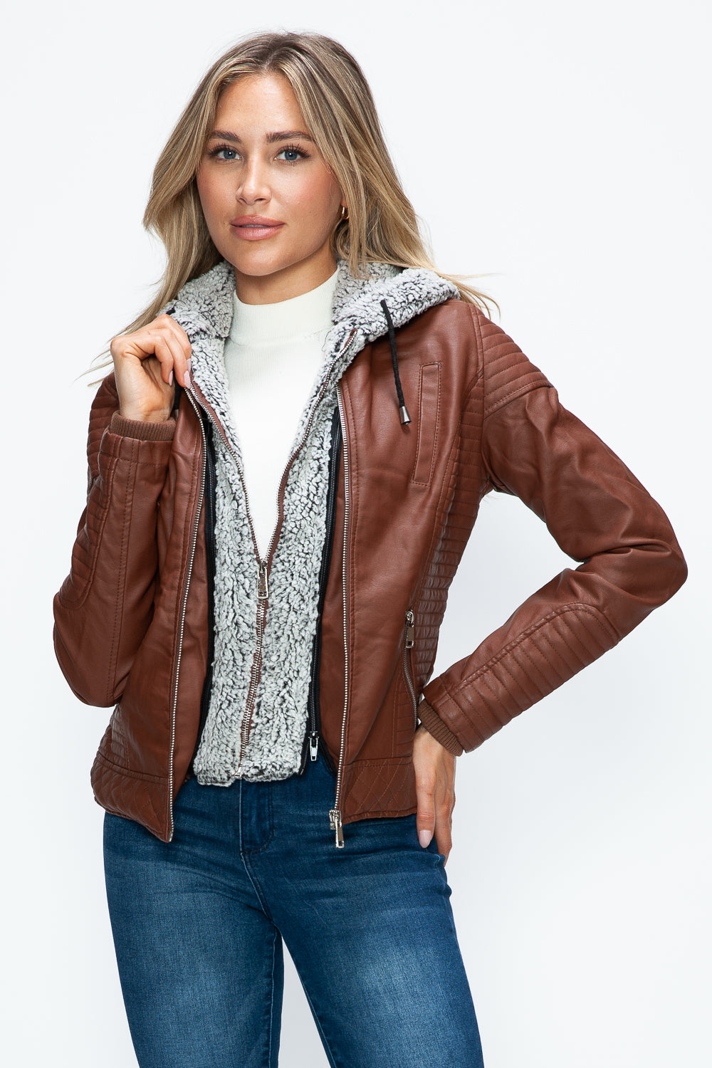 YMI Faux Layered Double-Zipper Jacket with Fuzzy Hood - Teresa's Fashionista LLC