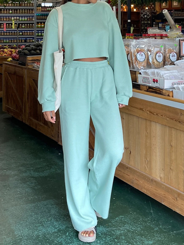 Waffle-Knit Round Neck Top and Pants Set-Teresa's Fashionista LLC