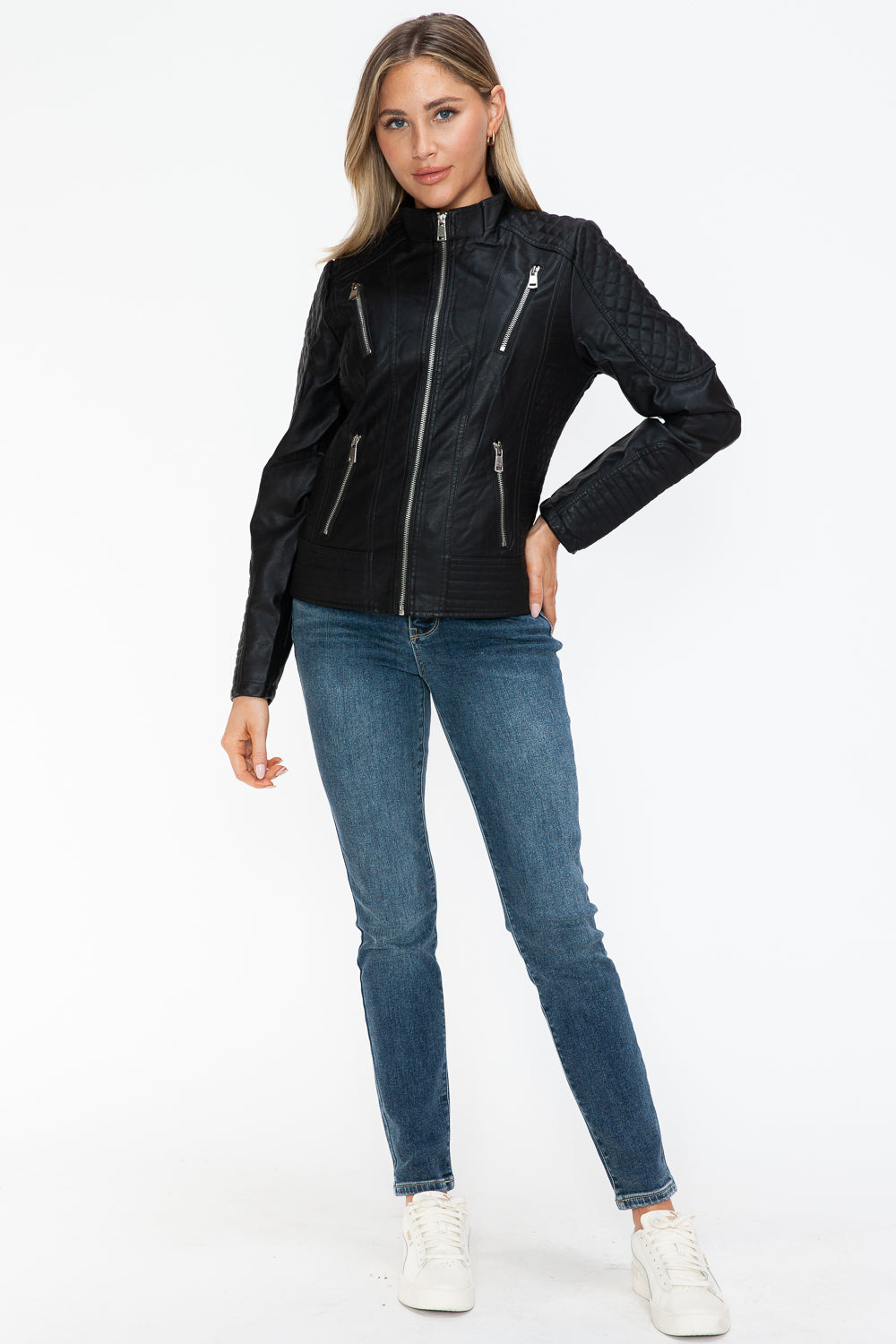 Snobbish Faux Leather Zip Up Mock Neck Jacket - Teresa's Fashionista LLC