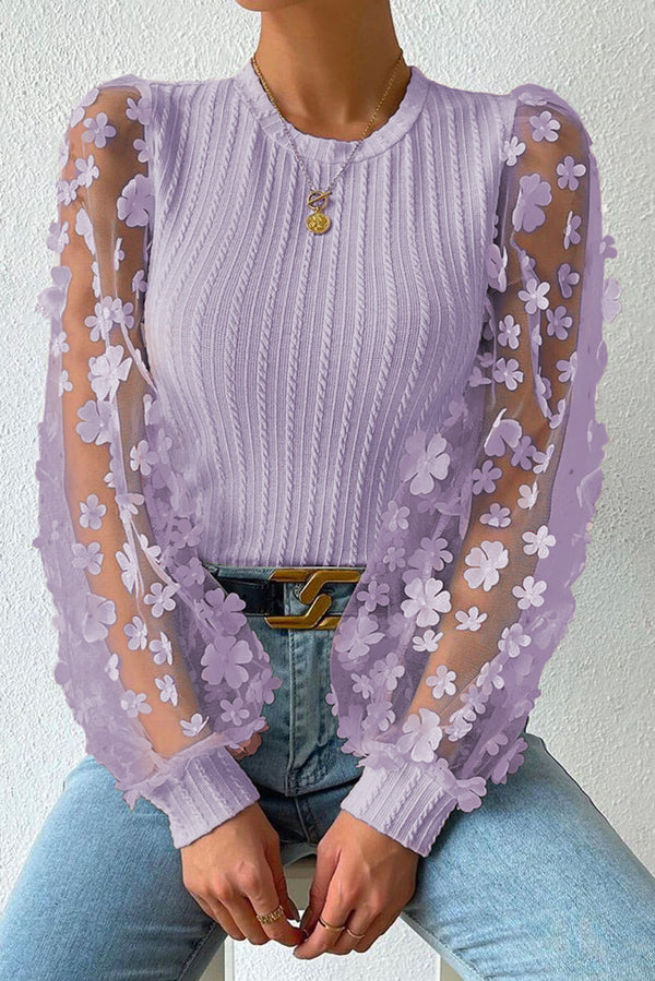 Textured Applique Long Sleeve Blouse-Teresa's Fashionista LLC