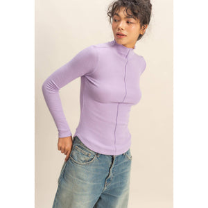 Ribbed High Neck Seam Detail Long Sleeve Top