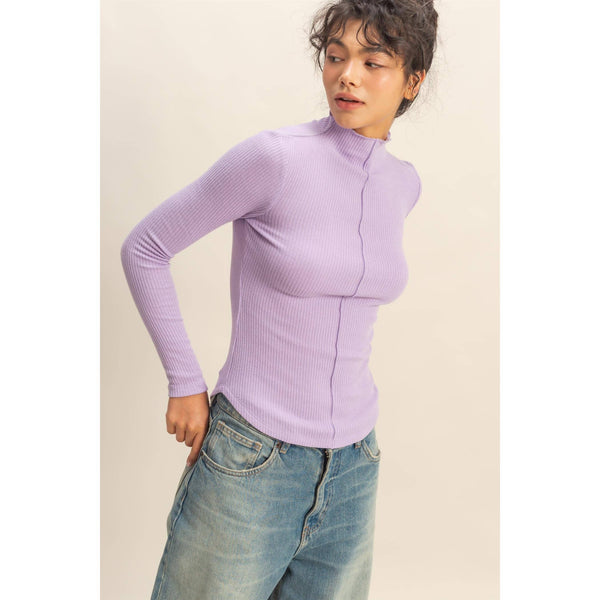 Ribbed High Neck Seam Detail Long Sleeve Top
