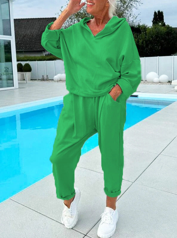Women's Solid Color Hooded Sweatshirt Two-piece Set - Teresa's Fashionista LLC