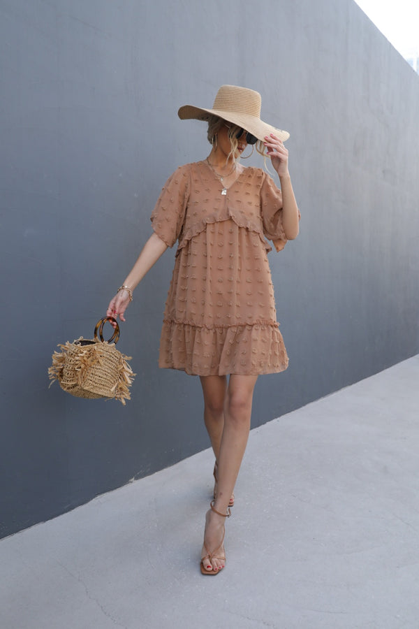 Swiss Dot V-Neck Flutter Sleeve Mini Dress-Teresa's Fashionista LLC
