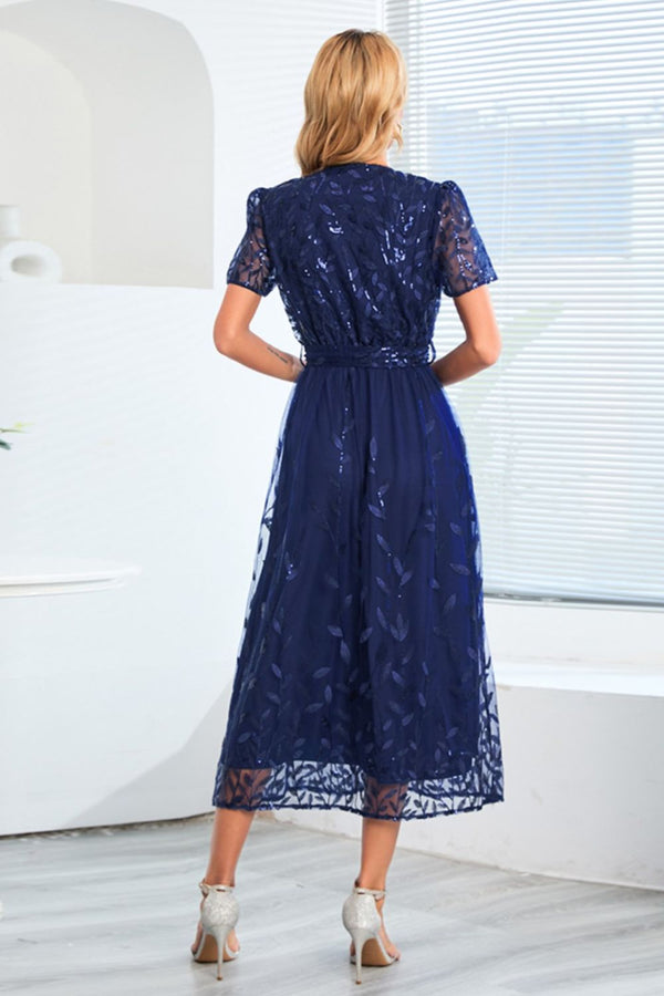 Sequin Leaf Embroidery Tie Front Short Sleeve Dress-Teresa's Fashionista LLC