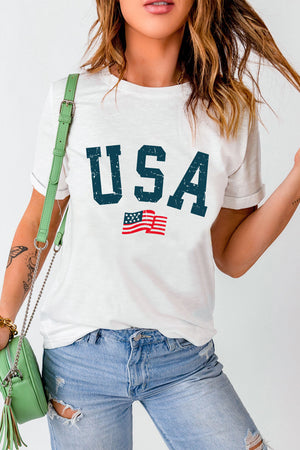 USA round neck short sleeve t-shirt with flag design, featuring slightly stretchy polyester-cotton blend material.