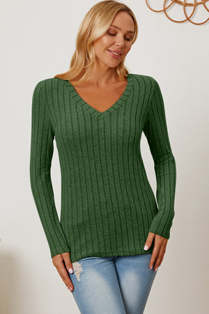 Basic Bae Full Size Ribbed V-Neck Long Sleeve T-Shirt-Teresa's Fashionista LLC