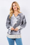 Celeste Full Size Contrast Stitching Notched Dropped Shoulder Blouse - Teresa's Fashionista LLC