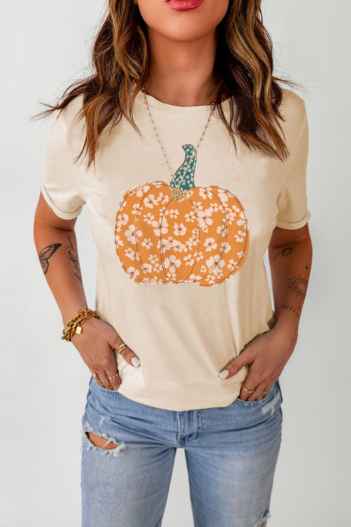 Pumpkin Graphic Round Neck Cuffed T-Shirt - Teresa's Fashionista LLC