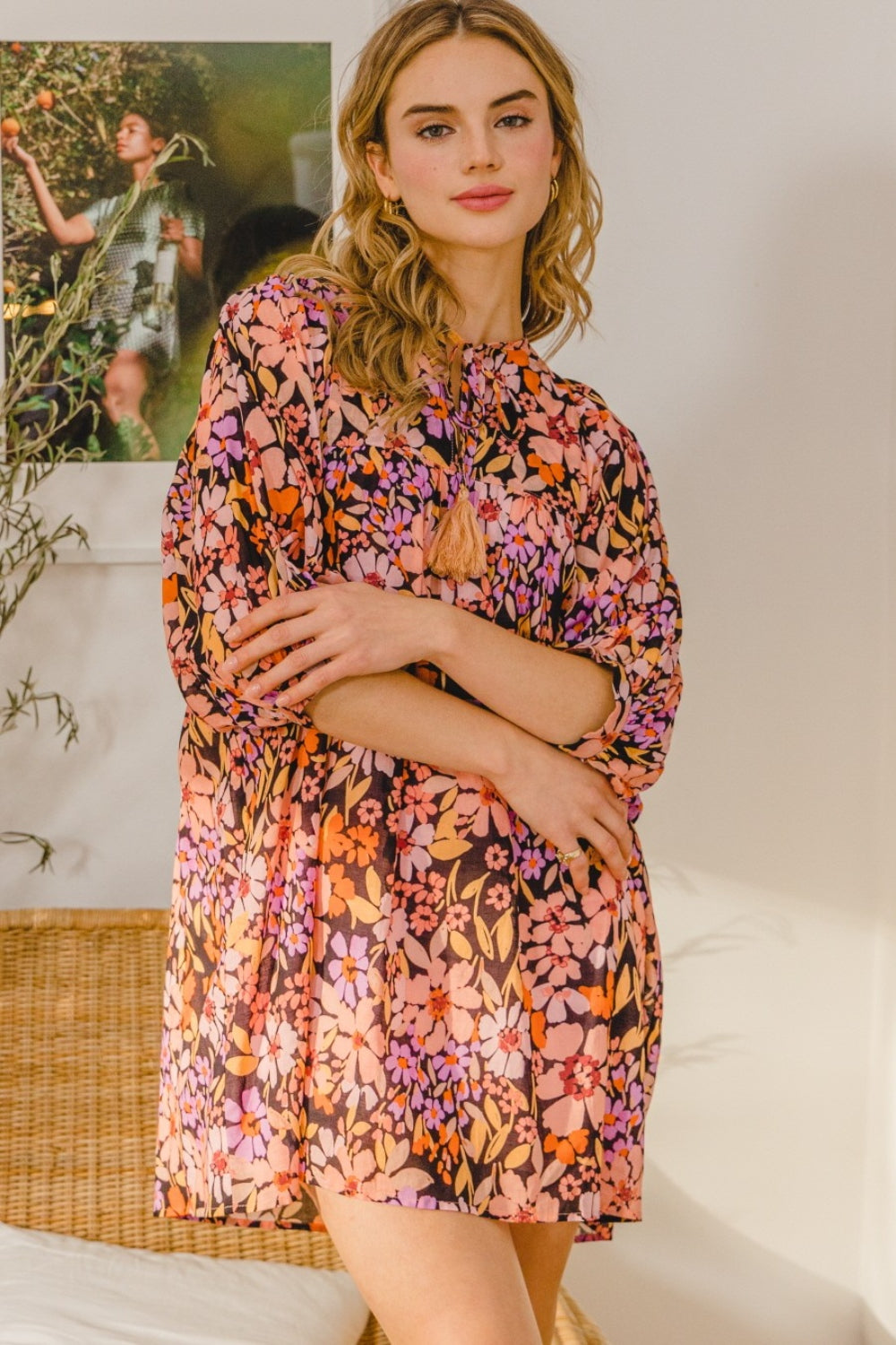 ODDI Full Size Floral Tied Neck Mini Dress-Teresa's Fashionista LLC