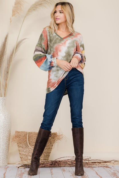 Celeste Full Size Tie-Dye Contrast Striped V-Neck Long Sleeve Blouse - Teresa's Fashionista LLC