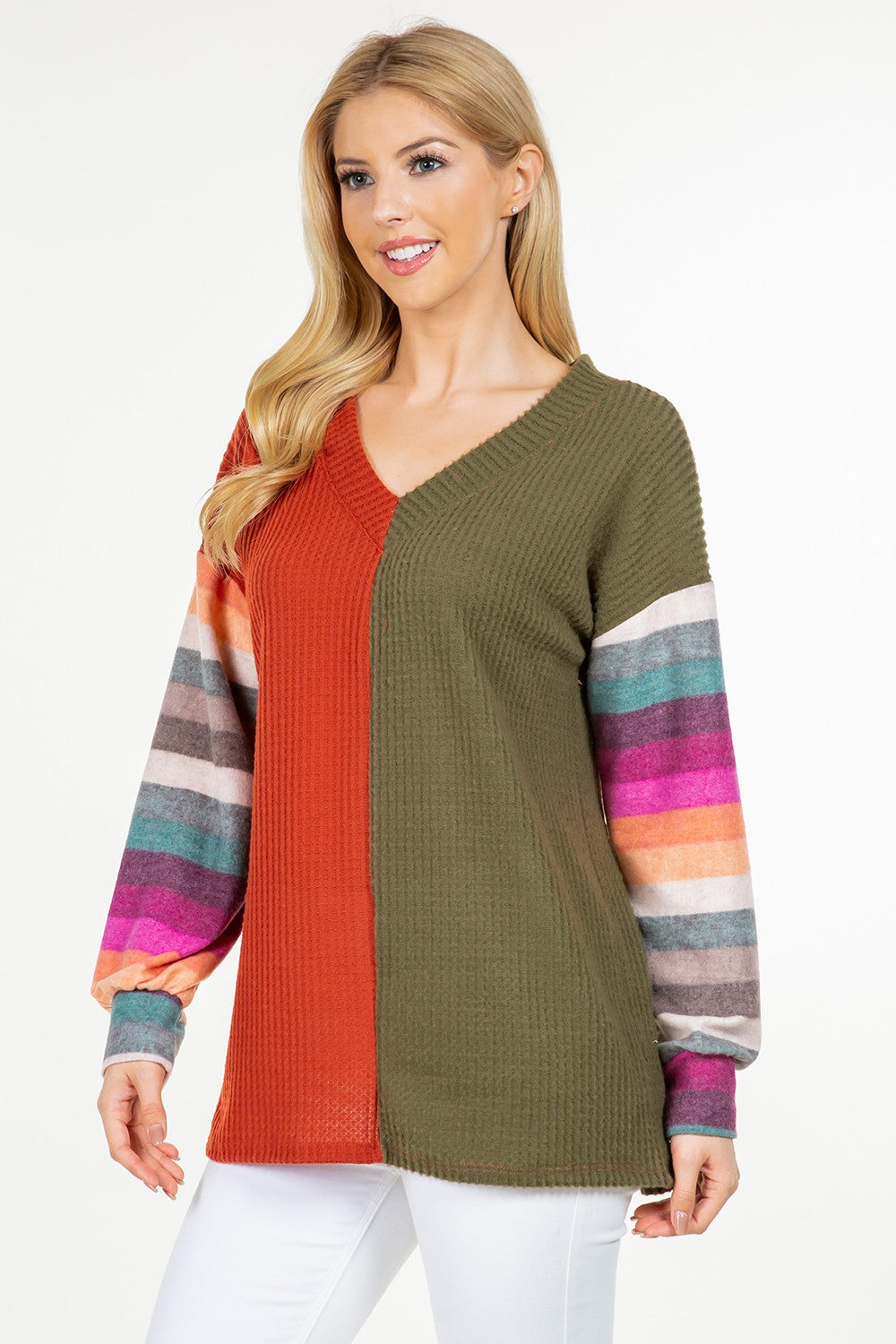 Celeste Full Size Contrast Striped V-Neck Long Sleeve Blouse - Teresa's Fashionista LLC