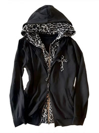 Gothic Cross Leopard Lined Zip-Up Hoodie