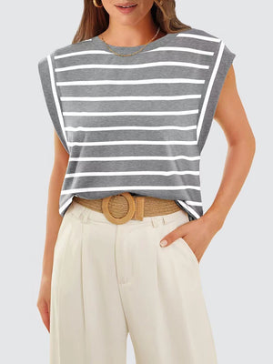 Striped Round Neck Cap Sleeve T-Shirt-Teresa's Fashionista LLC