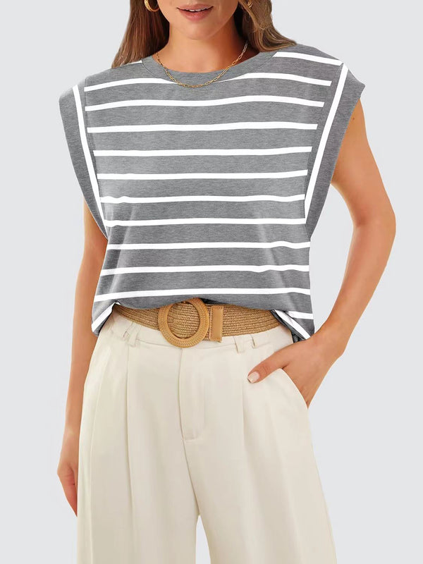 Striped Round Neck Cap Sleeve T-Shirt-Teresa's Fashionista LLC