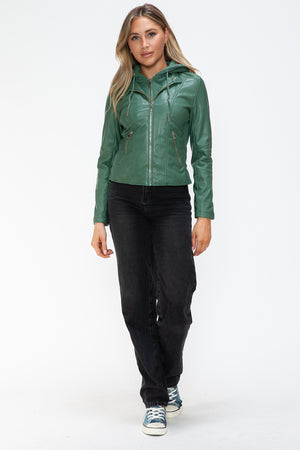 Snobbish Faux Leather Zip Up Drawstring Hooded Jacket - Teresa's Fashionista LLC
