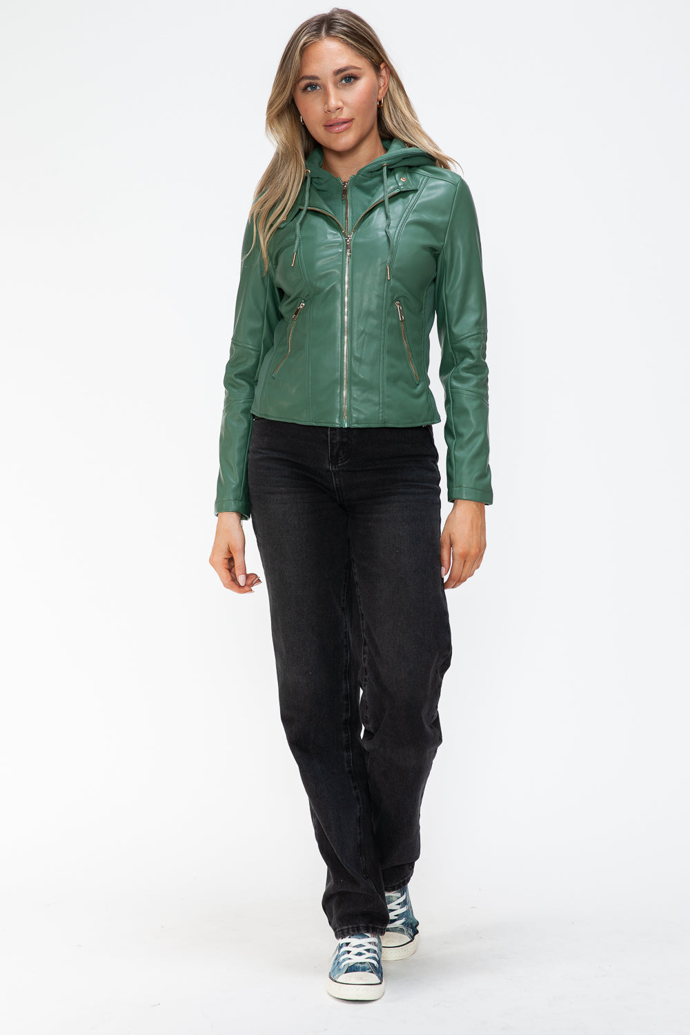 Snobbish Faux Leather Zip Up Drawstring Hooded Jacket - Teresa's Fashionista LLC