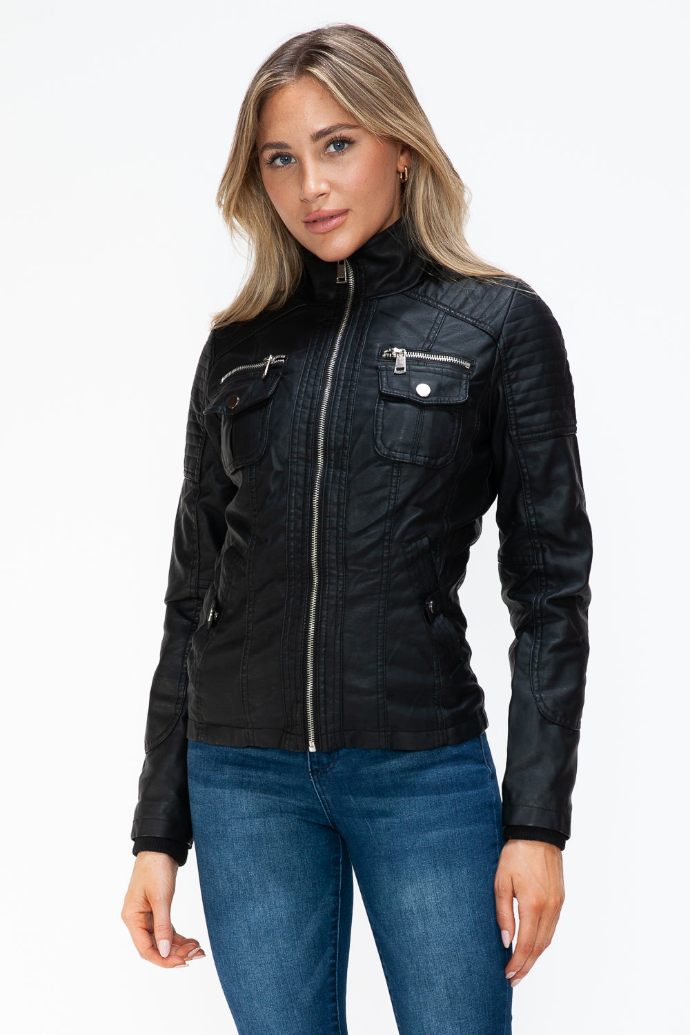 YMI Removable Faux Layered Multi-Pocket Jacket with Fuzzy Hood - Teresa's Fashionista LLC