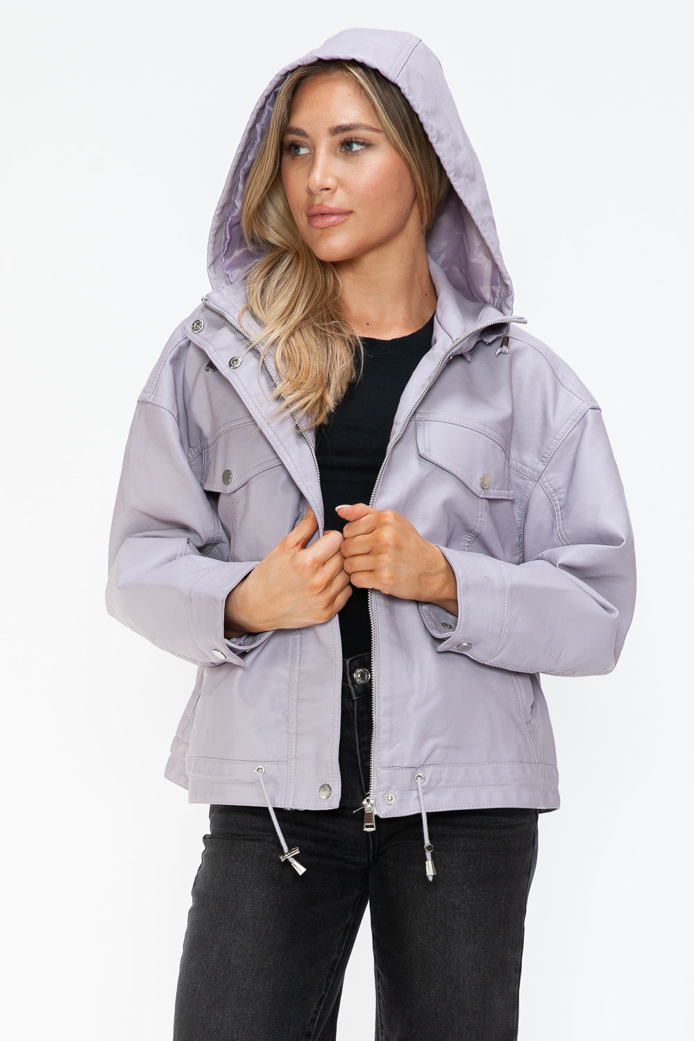 How Dare U Drawstring Hem PU Leather Zip Up Jacket - Teresa's Fashionista LLC
