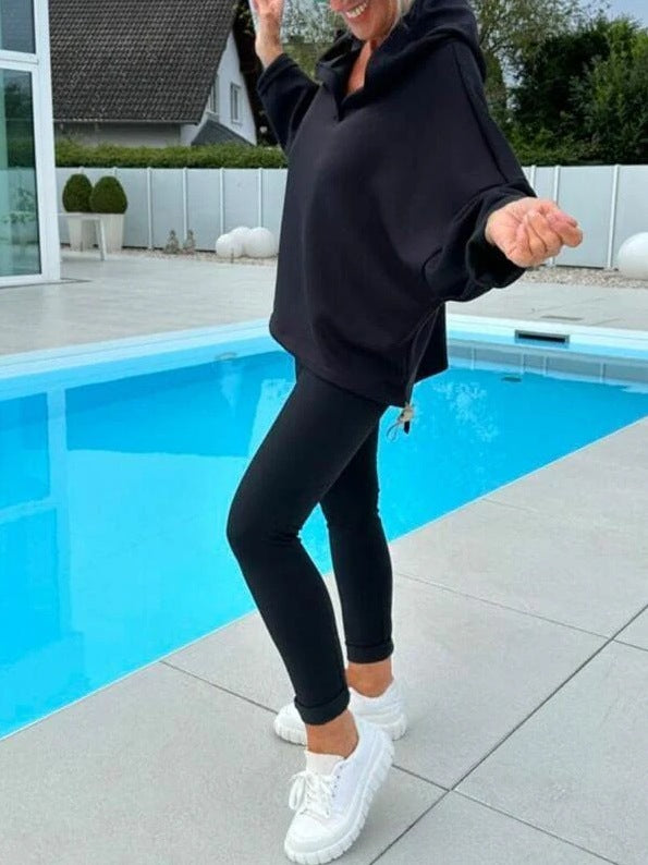 Women's Solid Color Hooded Sweatshirt Two-piece Set - Teresa's Fashionista LLC