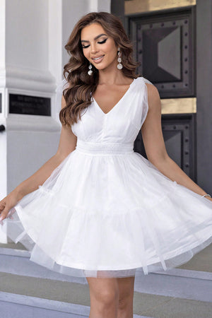V-Neck Shoulder Detail Mesh Dress-Teresa's Fashionista LLC