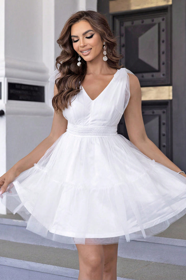 V-Neck Shoulder Detail Mesh Dress-Teresa's Fashionista LLC