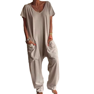 European And American Solid Color And V-neck Oversized Pocket Low-grade Jumpsuit - Teresa's Fashionista LLC