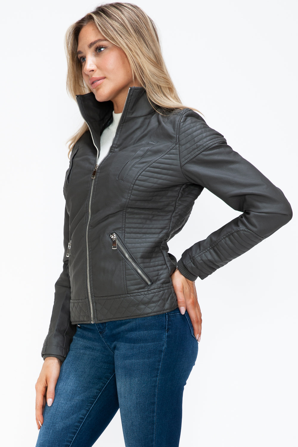 YMI Faux Layered Double-Zipper Jacket with Fuzzy Hood - Teresa's Fashionista LLC