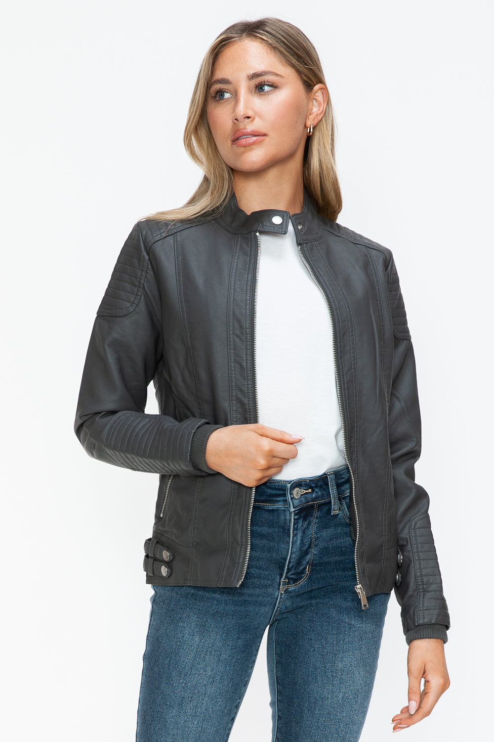 Snobbish Faux Leather Biker Jacket with Side Zip Pockets - Teresa's Fashionista LLC
