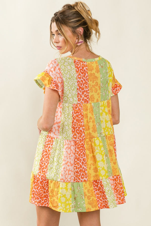 BiBi Leopard Short Sleeve Tiered Dress-Teresa's Fashionista LLC