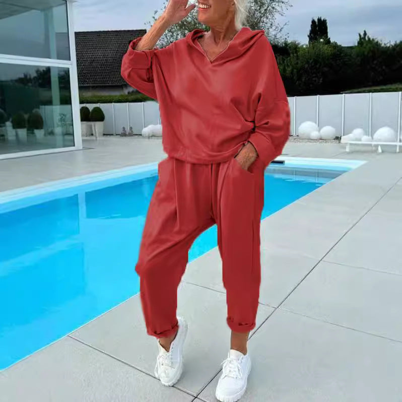 Women's Solid Color Hooded Sweatshirt Two-piece Set - Teresa's Fashionista LLC