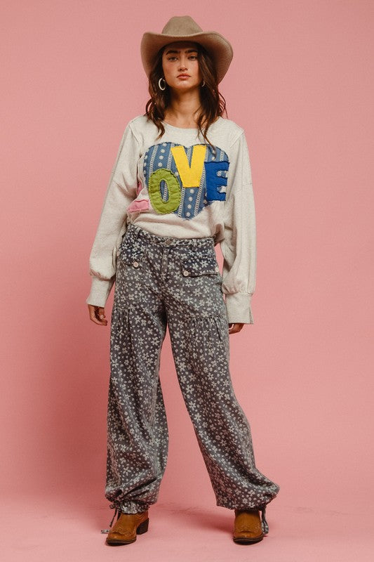 BiBi LOVE Heart Patch Slit French Terry Sweatshirt - Teresa's Fashionista LLC