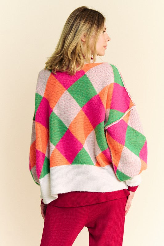 Davi & Dani Exposed Seam Color Block Dropped Shoulder Sweater - Teresa's Fashionista LLC