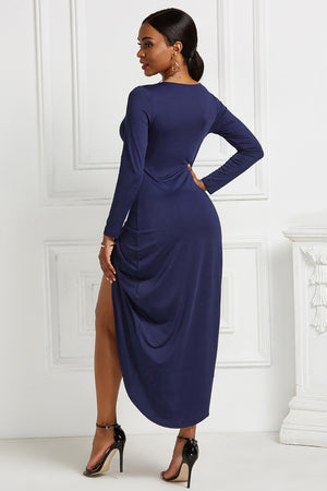 High-low Ruched Surplice Long Sleeve Dress-Teresa's Fashionista LLC