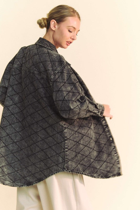 Davi & Dani Curved Hem Diamond Quilted Button Up Denim Shacket - Teresa's Fashionista LLC