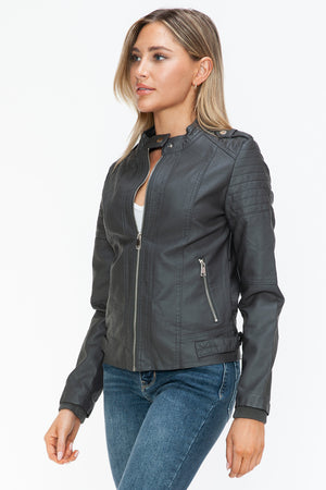 Snobbish PU Leather Biker Jacket with Side Zip Pockets - Teresa's Fashionista LLC