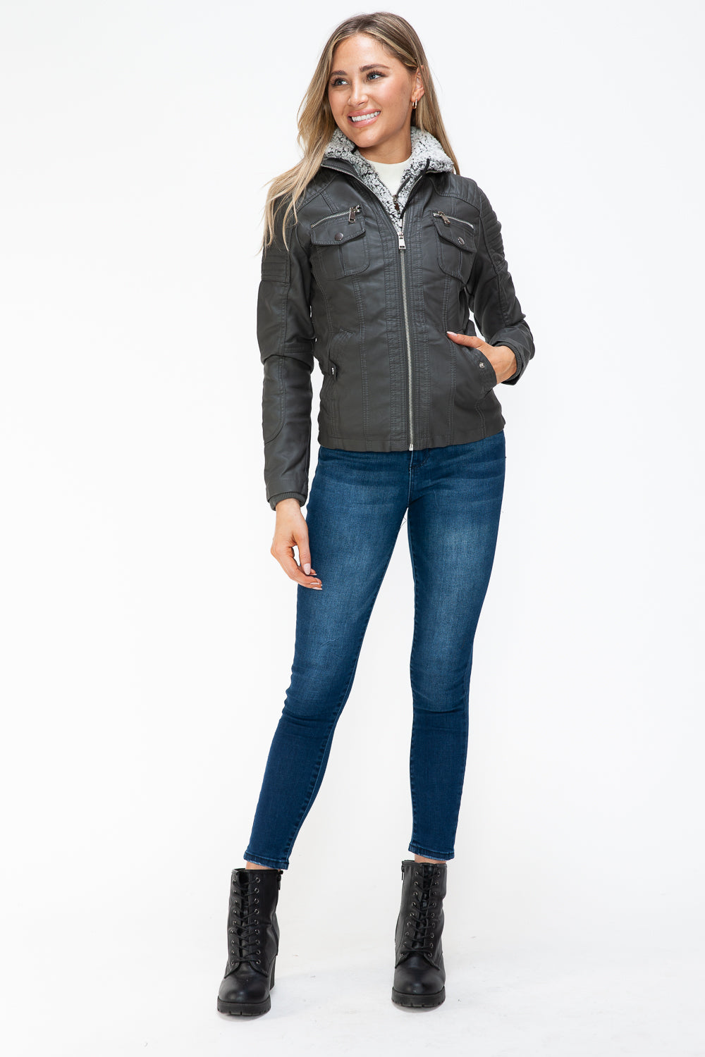 YMI Removable Faux Layered Multi-Pocket Jacket with Fuzzy Hood - Teresa's Fashionista LLC