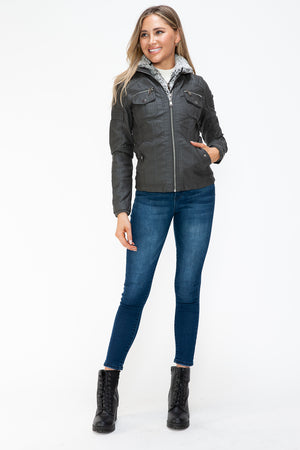 YMI Removable Faux Layered Multi-Pocket Jacket with Fuzzy Hood - Teresa's Fashionista LLC