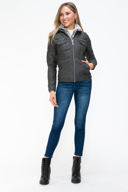 YMI Removable Faux Layered Multi-Pocket Jacket with Fuzzy Hood - Teresa's Fashionista LLC