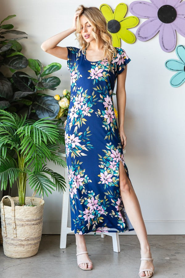 Heimish Full Size Floral Short Sleeve Slit Dress-Teresa's Fashionista LLC
