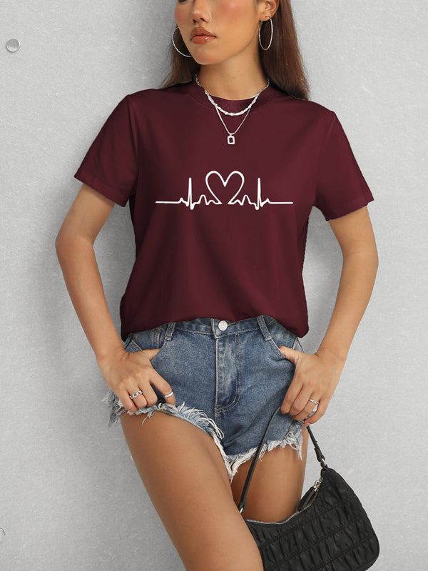 Heart Round Neck Short Sleeve T-Shirt-Teresa's Fashionista LLC