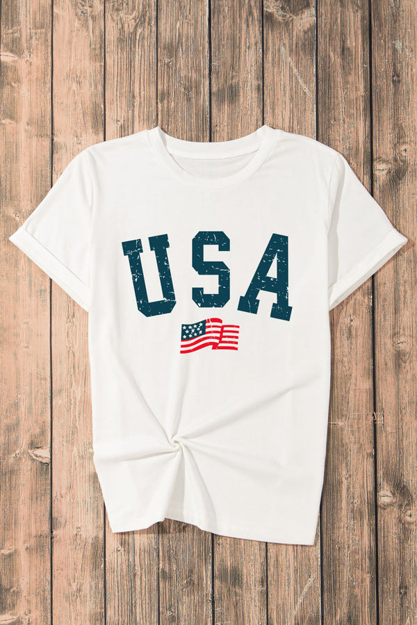 USA round neck short sleeve t-shirt with graphic print on wooden background.