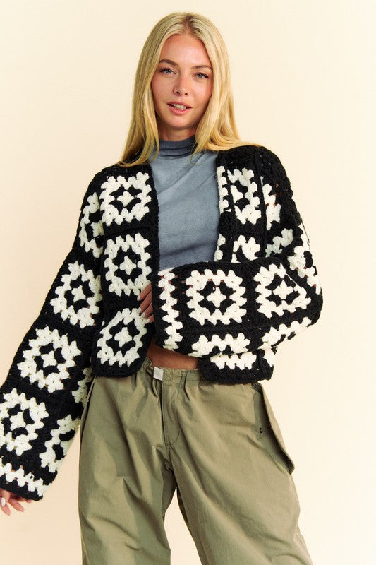 Davi & Dani Full Size Two Tone Flower Square Crochet Open Front Cardigan - Teresa's Fashionista LLC
