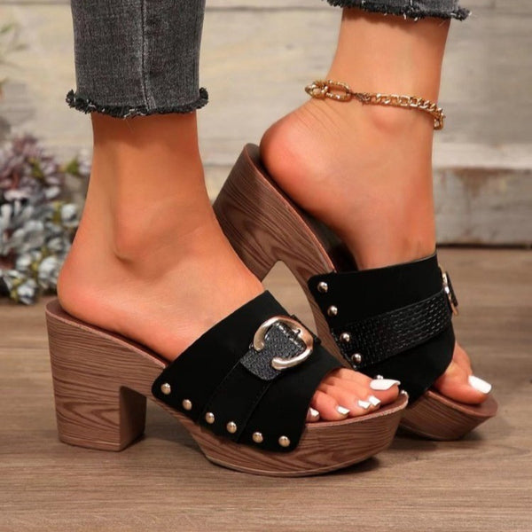 Buckle Trim Block Heel Sandals-Teresa's Fashionista LLC