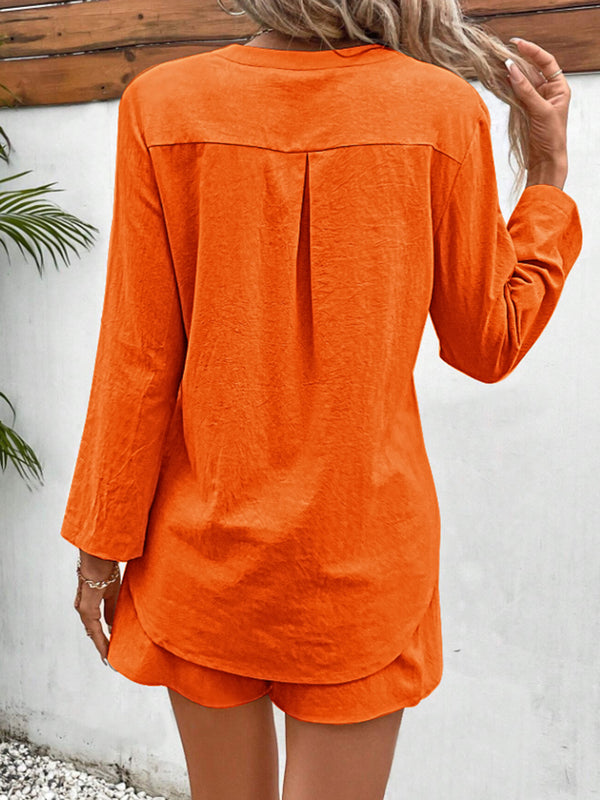 Notched Long Sleeve Top and Shorts Set-Teresa's Fashionista LLC